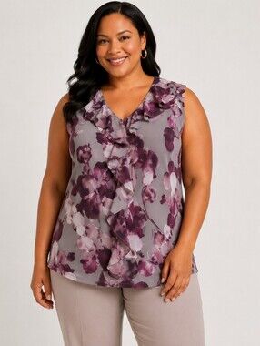 Calvin Klein Floral Ruffle Neck Sleeveless Blouse Size 1X
